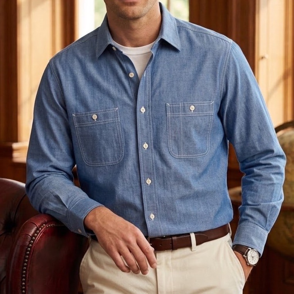 David Donahue Fusion Mens Blue Cotton Chambray Button Down Shirt 17 L/XL Retro